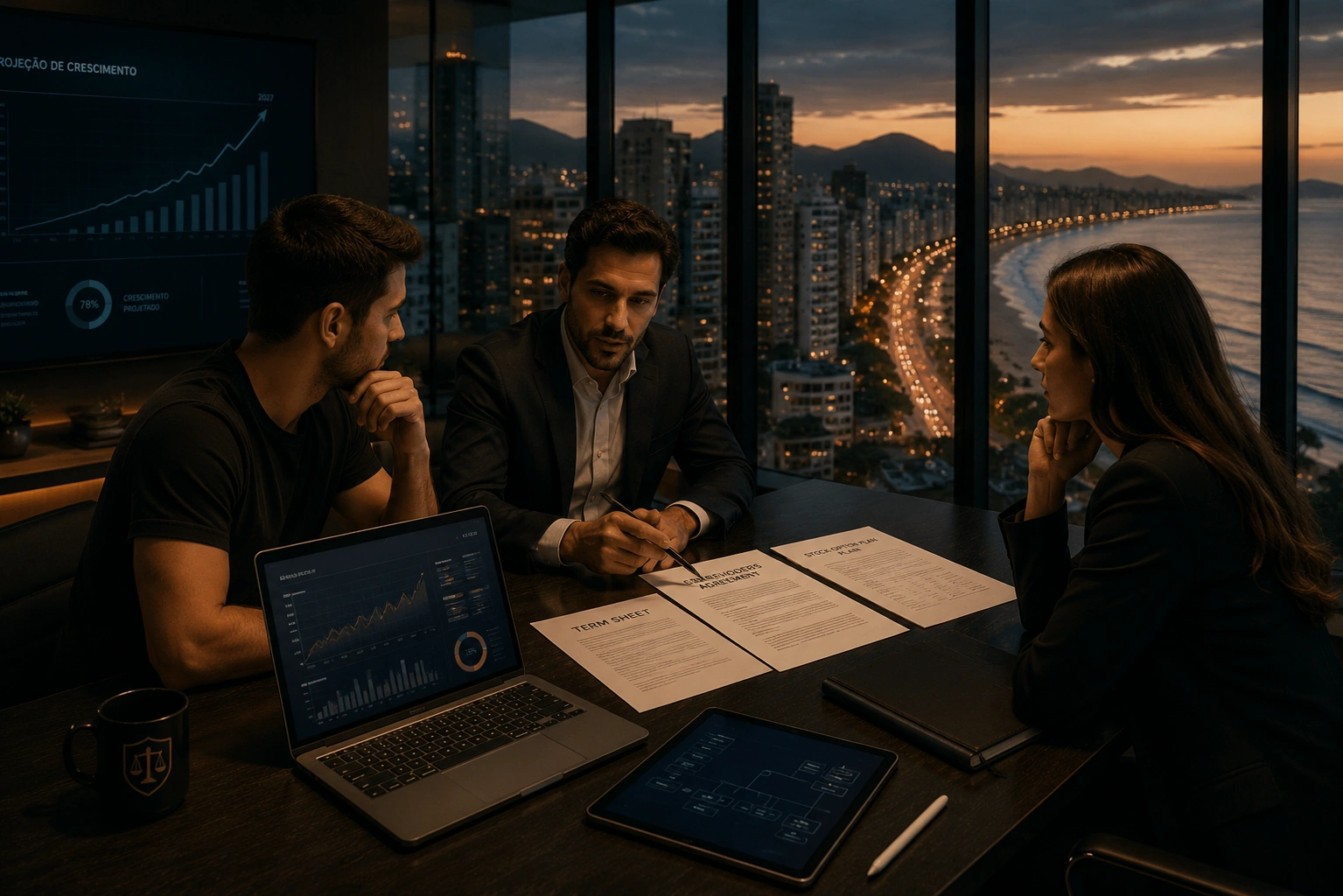 Equipe de startup em reunião — assessoria jurídica para empresas de tecnologia